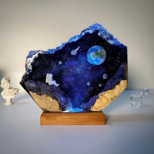 Drawelry 3D Harz Nachtlicht Weltraum Astronaut Ornamente mit Holz Sockel LED Nacht Lampe Dekoration Universum Milchstraße Rakete Epoxidlampe Tischlampe Heim Büro Deko Xmas Geburtstag Geschenke (C10)