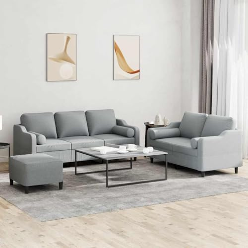 QJBSAVVA 3-TLG. Sofagarnitur Hellgrau 2+3-Sitzer Couch mit Hocker Modernes Stoff Big Sofa mit Rollkissen Robustes Metallgestell für Wohnzimmer Balkon Jugendzimmer