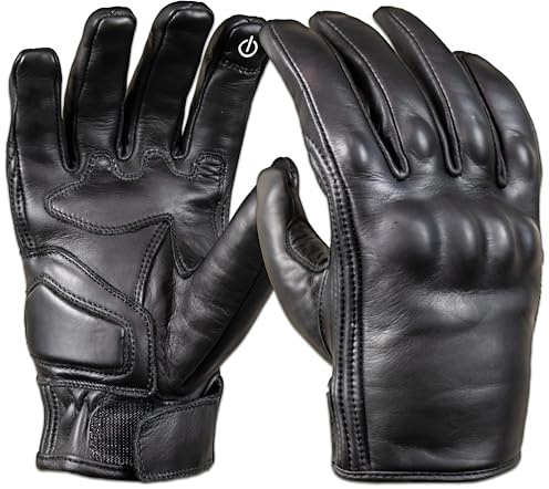 MDM Motorradhandschuhe Herren Leder, Retro Biker Handschuhe Chopper Leder mit Touchscreen, Kurze Motorrad Handschuhe, Schwarze Lederhandschuhe für Sommer & Übergang