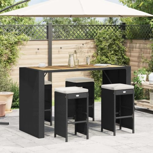 QZZCED Hohe Barhocker für den Garten mit Kissen, 4 Stück aus PE-Rattan, Schwarz, langlebiges Material und robuste Struktur, Bezüge abnehmbar und waschbar, Gartenmöbel