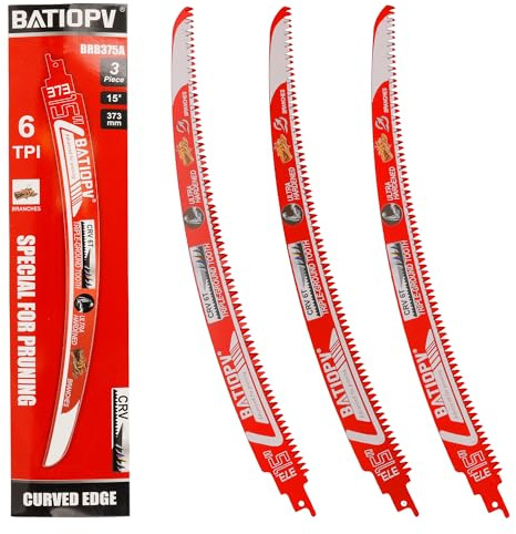 BATIOPV Reciprocating Saw Blades 3 Piece Set 373 mm – 6 TPI Japanese Tooth, Curved Pruning Blades for Wood, Firewood & Tree Cutting – 1/2 Universal Fit