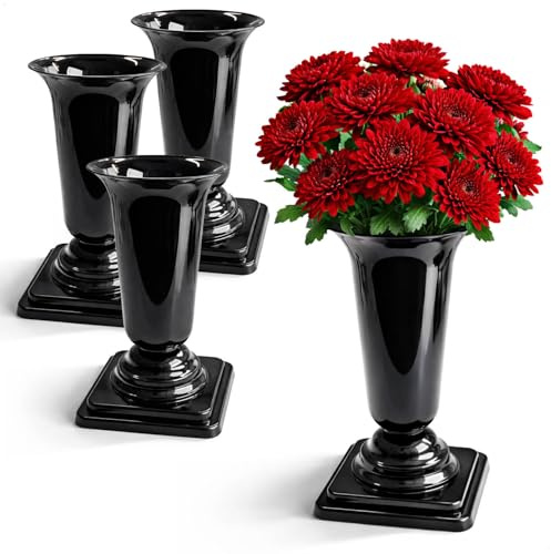 com-four® 4X Grabvasen schwarz 26,5 cm, wetterfeste Steckvase für Grab | Friedhofsvase für Grabschmuck & Blumenarrangements - Kunststoff-Vase für Garten und Balkon