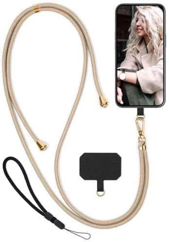 moex Unleash für Xiaomi 17 Ultra Handyband zum Umhängen ohne Hülle, Handykette Universal mit Karabiner, Handy Band abnehmbar, Kette mit Pad für Handyhülle, Beige, Gold