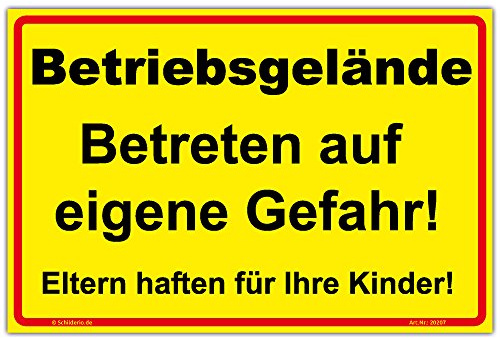 Schild Betriebsgelände, Betreten auf eigene Gefahr! Hinweisschild 450x300 mm gelb,Querformat, stabile Aluminiumverbundplatte 3mm stark