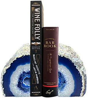 AMOYSTONE Dekorative Geoden-Buchstützen für Regale, einzigartige Buchstützen, natürlicher blauer Achat, stapelbar, 1 Paar, klein, 0,9–1,4 kg