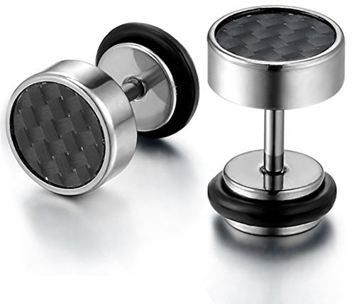 Flong Männer Ohrstecker Damen Ohrringe, 8mm Edelstahl Gestüt Stecker Kohlenstoff Carbon Fiber Kohlefaser Ohrringe Ohrstecker Ohrhänger Silber Schwarz Fake Plug Tunnel Herren …