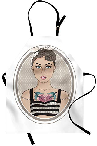 ABAKUHAUS Pin-up-Girl Kochschürze, Rockabilly-Art-Rebellen-Mädchen mit Vogel-Tätowierungen auf ihrem Kasten-Oval-Feld-Entwurf, Farbfest Höhenverstellbar Waschbar Klarer Digitaldruck, Mehrfarbig