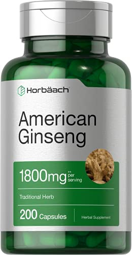 Horbäach American Ginseng Capsules | 200 Pills | Panax Quinquefolius Root | Non-GMO, Gluten Free Supplement