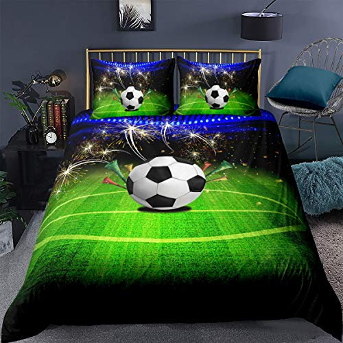 Loussiesd Fußball-Motiv Bettwäsche Set 3D Print Mann Jungen Sport Bettbezug mit 1 Kissenbezug 2 teilig 155x220cm+80x80cm Weiche Atmungsaktive Polyster Betten Set mit Reißverschluss- Grün & Blau