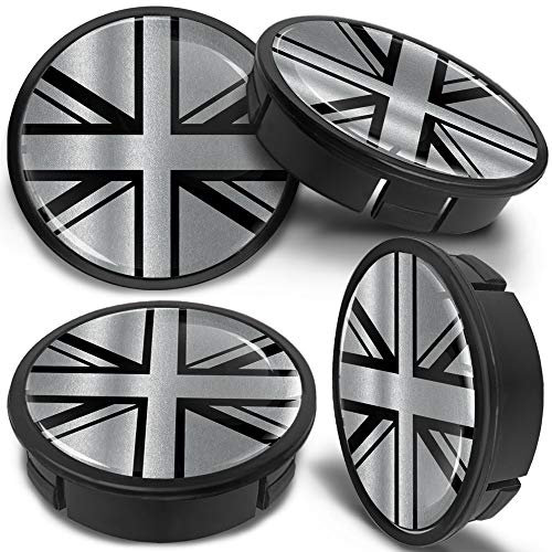 SkinoEu 4 x 60mm Universal Schwarz Silber UK Union Jack Flagge Fahne Alufelgen Nabenkappen Felgen Kappen Felgendeckel Radkappen Radnabendeckel Nabendeckel Felgenkappen CX 30