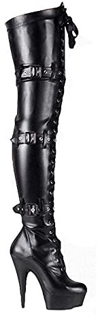High Heel, Herren Damen Overknee Stiefel SchnüRen Leder Oberschenkel Hohe Stiefel Mit GüRtel Sexy Schlank Stretchy Pole Dance Stiefel Heels 15cm,B,39 EU