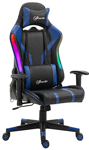Vinsetto Bürostuhl LED Gaming Stuhl mit Armlehne, hoher Rückenlehne und Kissen ergonomischer Drehstuhl mit Liegefunktion Handlauf anhebbar Kunstleder Nylon Schwarz+Blau 70 x 57,5 x 126-136 cm