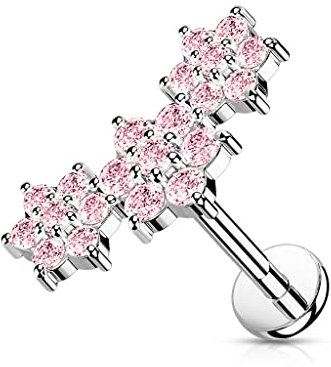 BlackAmazement Boucles d'oreilles labret Monroe Tragus Helix en acier inoxydable 316L - Triple fleur - 6 mm - 8 mm - Oxyde de zirconium CZ - Or rose, argent, rose, aqua arc-en-ciel - Pour femme, Acier