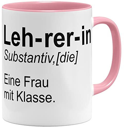 OM3® Eine Frau mit Klasse - Lehrerin Tasse mit Spruch - Lehrergeschenk - Keramik Becher - 11oz 325ml - Beidseitig Bedruckt - Rosa