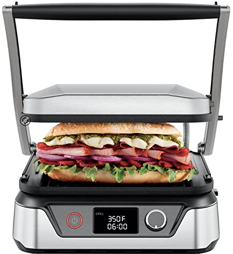 Chefman 5-in-1 Digital Panini Press Grill Sandwich Maker and Griddle Grill Combo with Removable, Reversible Dishwasher-Safe Grilling Plates, Opens 180° for Indoor BBQ /Flat Top Grill, Stainless steel