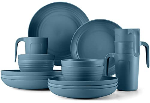 Odoland Lightweight Unbreakable Cutlery Sets for 4 People, Microwave and Dishwasher Safe Plates Bowls Mug Kit, Reusable Dinnerware with Cutlery, for Camping, Kitchen Blue