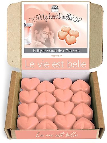 Cera para derretir Le Vie Est Belle: 16 x 5 g para derretir en forma de corazón inspirada en el perfume La Vie Est Belle, una caja de regalo de presentación