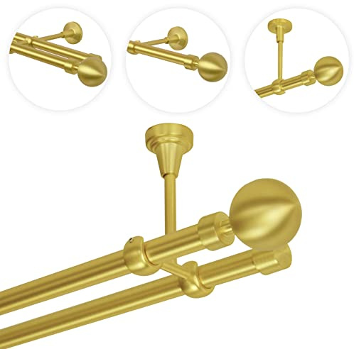 Gardinenstange 360 cm Deckenmontage | Vorhangstange 2 läufig Ø 19mm | Gold-Matt Messing Antik Vintage-Look Retro-Stil | Kugel