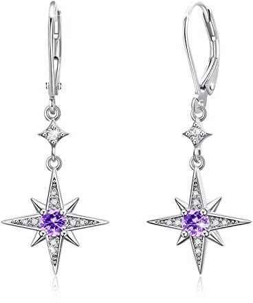 Stern Ohrringe 925 Sterling Silber Tropfen Ohrringe Achtzackiger Stern Hänge Ohrringe Lila Geburtsstein Schmuck für Mädchen Mutter Damen