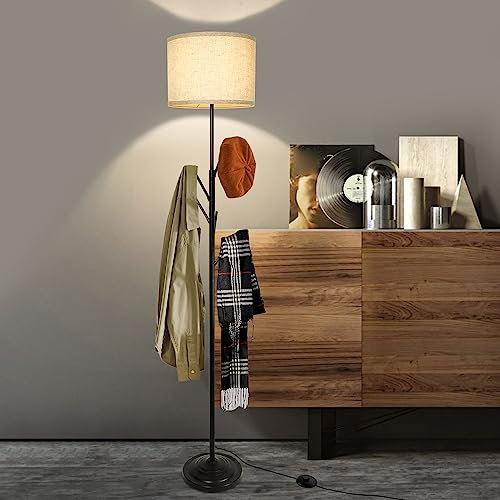 Depuley Modern Wohnzimmer Stehleuchte, Stehlampe Vintage, Leselampe, E27 Stehlampe Mit Garderobenständer, Lampenschirm aus Leinen und Fußschalter 9W, Für Schlafzimmer, Wohnzimmer, Büro