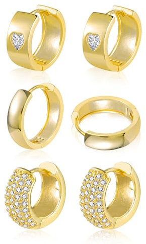 Creolen Gold Set Ohrringe Damen, Silber 925, 3 Paar Multipack, 14K Vergoldet Knorpel Ohrringe Huggie, Klobig, Leicht, Breit, Glitzernd mit Strass Zirkon