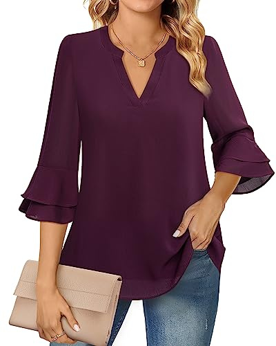 Lotusmile Work Blouses for Women, Womens Tunic Tops 3/4 Sleeve V Neck Double Layered Long Tops to Wear with Leggings Dressy Office Attire Career Shirts Deep Plum