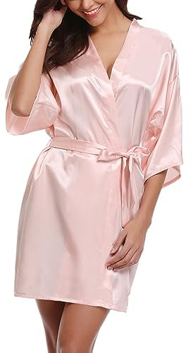 Migcaput Bademantel Damen Kurz Satin Bademantel mit Gürtel Braut Brautjungfern Kimono Hochzeit Nachtwäsche V-Ausschnitt Seide Pajama Rosa Braut Rosa M