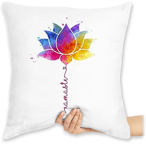 Kissen 40x40 Zierkissen - Namaste Lotusblüte I Meditation I Yoga I Mandala Spirit - 40 x 40 cm - Weiß - Joga Lotus Geschenke Wellness Fans lotosblüte für Watercolor Alles blüte Motiven blüten