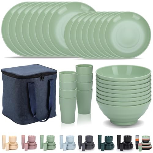 Evanda Plastic Dinnerware Sets 32 Piece Service for 8 with a Portable Oragnizer Bag, Reusable Plates and Bowls Sets Include Cups, Bowls, Dishes for Home, Camping, Picnic, Outdoor (Light Green)