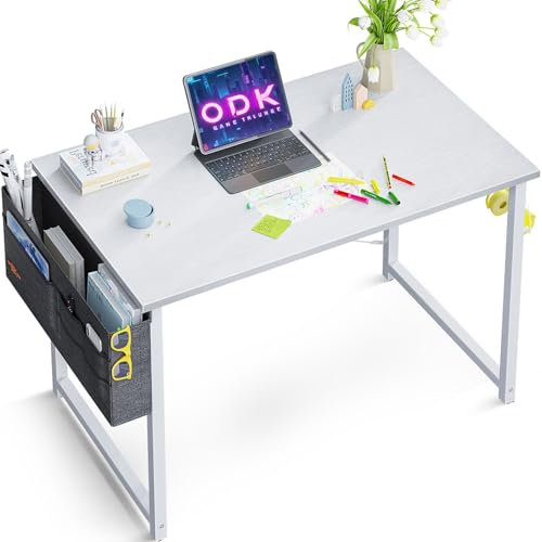 ODK Kleiner Schreibtisch, 80×40×73.5cm Computertisch Bürotisch mit Kopfhörer Halter und Aufbewahrungstasche, Schreibtisch Klein Weiß Arbeitszimmer Holz PC Tisch Officetisch für Home, Office
