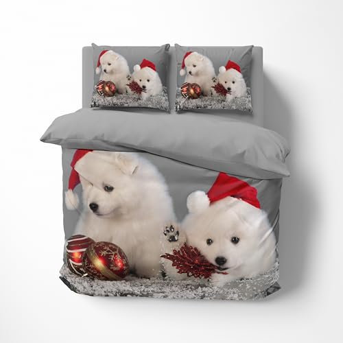 FEBE 3D Bettwäsche Welpenhunde Weihnachten Bettbezug-Set 135x200 + Kissenbezug 80x80 cm Wendebettwäsche 2 Teilig mit Reißverschluss Mikrofaser Winterbettwäsche Duvet Cover