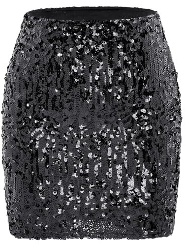 Durio Pailettenrock Für Damen Glitzer Rock Kurz Damen Sexy Midi Skirt Hüftrock mit Elastische Taille Party Rave Outfit Schwarz S