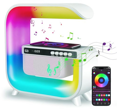 UPROZIL LED Table Lamp with Wireless Charger, Wake-up Light with 5 Modes of Color Lighting and Time Display, Large G Smart Light Wireless Speaker, Alarm Clock, Birthday Memorial Day Gift