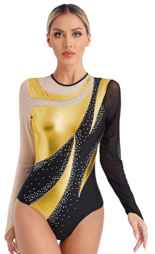 Nyeemya Damen Turnanzug Langarm Gymnastikanzug Einteiler Bodysuit mit Strass Ballett Trikot Tanz-Body Tanzkleidung Gold XXL