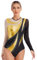 Nyeemya Damen Turnanzug Langarm Gymnastikanzug Einteiler Bodysuit mit Strass Ballett Trikot Tanz-Body Tanzkleidung Gold XXL