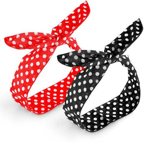 Prasacco 2 Stück Gepunktete Stirnbänder, Retro Schleifen Stirnbander Biegbar Wire Haarbänder Niedliches Geknotetes Haarbänder für Mädchen und Frauen (Schwarz, Rot)