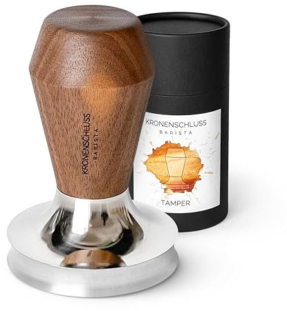 KRONENSCHLUSS Barista - ⌀ 58er | Made in Germany Barista Tamper | konkave Aussparung für perfekten Puck | Nussholz und Edelstahl | 58,4 mm