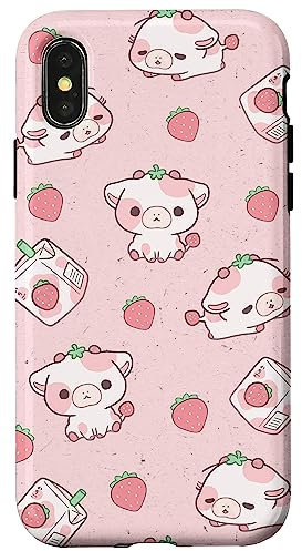 iPhone X/XS Cute Pink Strawberry Cow Print Aesthetic Pattern Kawaii Case