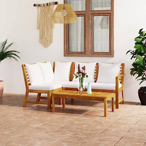 Cozynest Akazienholz Massiv Gartenmöbel 4-TLG. mit Auflagen Sitzgruppe Lounge Sofa Bank Gartenset Sitzgarnitur Mittelsofa Ecksofa Creme