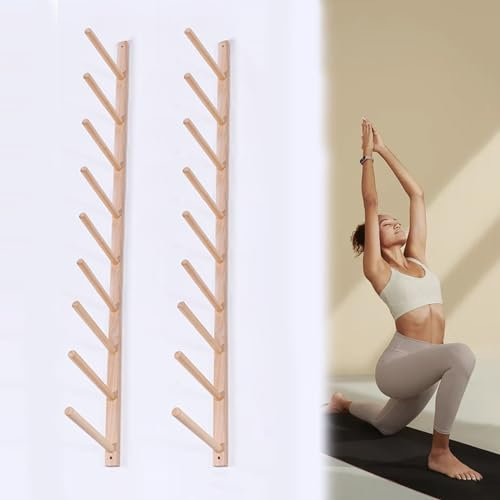 EXCLURA Yogamattenhalter 9-lagiger Yogamattenhalter zur Aufbewahrung von 18 Matten, Hölzerner Längenyogamatten-Gestellwandberg, Vertikaler Heim-Fitnessstudio-Yoga-Studio-Pilates-Matten-Organizer