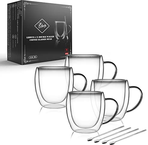 LIBWYS 4 Pack 250ml Double Walled Glass Coffee Mugs with 4 Spoons, Cappuccino Latte Tea Cups with Handle, Heat Resistant Drinking Glasses Cappuccino Cup