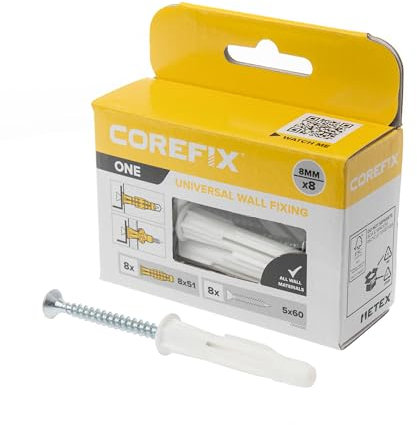 Corefix One Universal-Dübel und Schrauben, strapazierfähig, 100 kg in Mauerwerk, geeignet für alle Wandtypen, ideal für die Montage von Regalen, zum Aufhängen von Fernsehern und zur Sicherung von