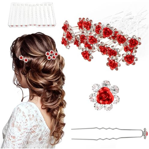 UHONEMY Lot de 25 épingles à cheveux pour mariage avec rose en cristal et strass Rouge