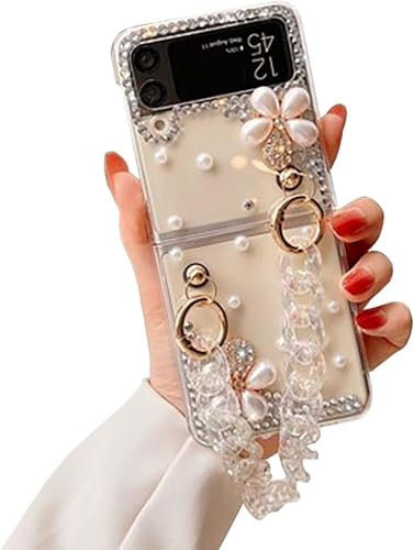 Szakdws Bling Diamante Cover per Samsung Galaxy Z Flip 6 5G con catenina, con strass e strass 3D, retro con bracciale, custodia protettiva antiurto in TPU