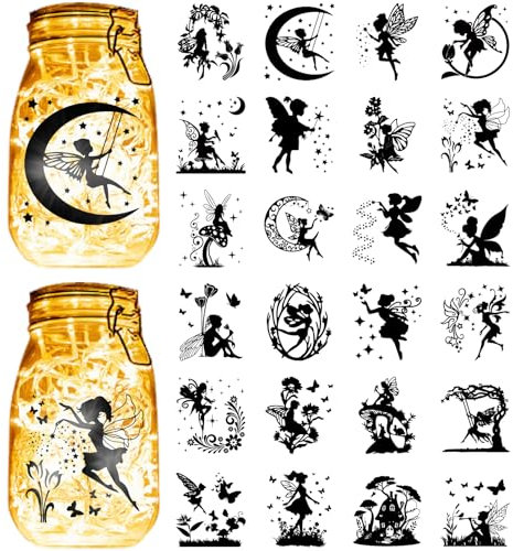 CREATCABIN 24 Stück Feen Glasaufkleber Einmachglas Ausschnitt Aufkleber wasserdichte Lampenfolien Engelspflanzen Silhouetten Scrapbook Innenverzierung Zubehör Für Wände Fenster Gläser Basteln 9x10cm