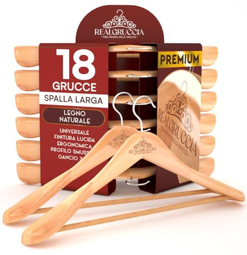 18 Kleiderbügel aus Holz Kleiderbügel Breite Schulter Holzbügel Farbe Naturholz - RealGruccia mit Hosensteg Polierter Oberfläche Drehbaren Hakens und Abgeschrägte Profile - 24x45cm