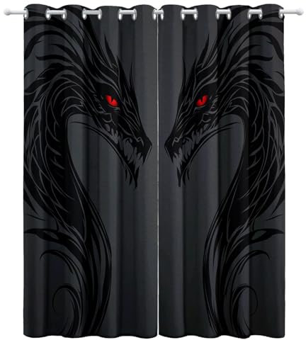 CozyRest Blickdichte Vorhänge, Verdunkelungsvorhang - Rotäugiger schwarzer Drache 260 x 280 cm - Vorhänge Mit Ösen, Polyester für Schlafzimmer Wohnzimmer, Geräuschreduzierung 2 St, Dunkelgrau