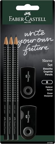 FABER-CASTELL 217086 - Bleistifte Set Sleeve, mit Spitzer, Radiergummi und 3 Bleistiften, Schreibset Grip 2001 schwarz