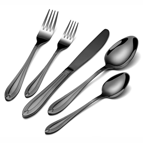 univionlions set di posate per 4 persone, 20 pezzi posate in acciaio | Inossidabile lucido include coltelli, forchette e cucchiai posate nere. Lama resistente e materiali di qualità