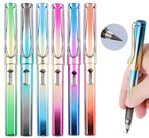 6 Stück Metall Tintenlose Bleistifte, Tintenloser Bleistift mit Radiergummi, Magic Pencil mit 5 Stück Wechselkopfm, Klares und Flüssiges Schreiben für Erwachsene Studenten (Schillernde Farben)